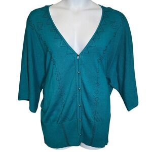 JL Studio Womens Teal Beaded Cardigan Sweater Sz 3X‎ Effortless Coastal Boho